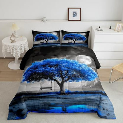Manfei Tree Artwork of Life Kids Comforter Set Full Size,Cloud Botanical Nature Bedding Set,Girls Boys Room Decor,Modern Abstract Art Quilt Comforter,Blue Fashion Simple Duvet Insert,2 Pillowcases