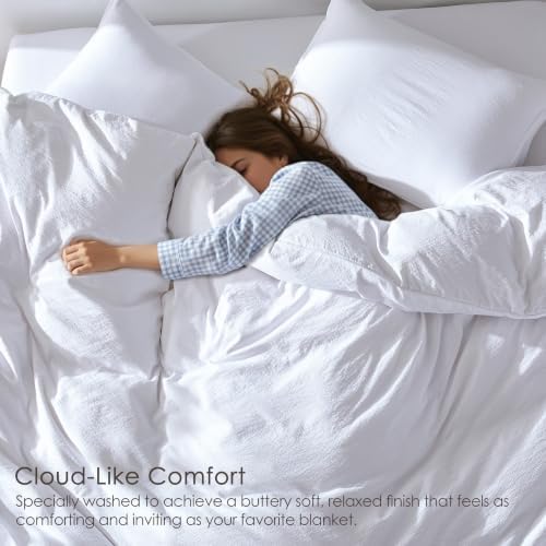 WDCOZY White Full Size Jacquard Duvet Cover Set with Zipper Closure, Modern Washed Soft Striped Bedding, Textured Seersucker Like Cotton Linen, 1 Duvet Cover and 2 Pillow Shams, No Comforter
