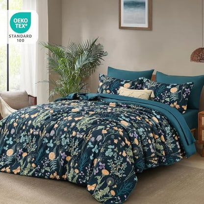 Yiran California King Comforter Set Peacock Blue, 7 Piece Summer Floral Comforters Bedding Set, Oversized King Bed in a Bag with Flowers Soft Lightweight Complete Set with Sheets for All Season