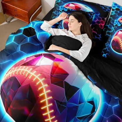 Erosebridal Baseball Queen Bedding Set - 3D Glitter Ball Pattern Bed in A Bag,Colorful Neon Honeycomb Comforter Sets with Sheets, Geometric Hexagon 7 Pieces Bed Set Bedroom Decor