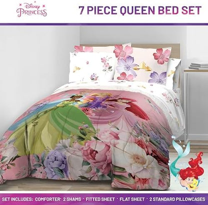 Disney Princess Queen Comforter Set 7 Piece Bedding for Girls, Pink