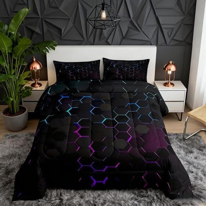 Manfei Honeycomb Comforter Set Twin Size Geometric Hexagon Print Quilt Set Colorful Neon Lights Bedding Comforters 2pcs for Kids Boys Girls Room Decor, Modern Geometric Duvet Set with 1 Pillowcase