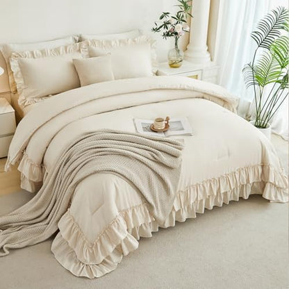 ANGIYUIN 5Pcs Beige Full Ruffle Bed in A Bag Double Ruffled Comforter Sets Solid Farmhouse Bedding Set for Girls Women Soft Lightweight Fluffy Girls Bed Sets with Sheet Sets(Beige Full)