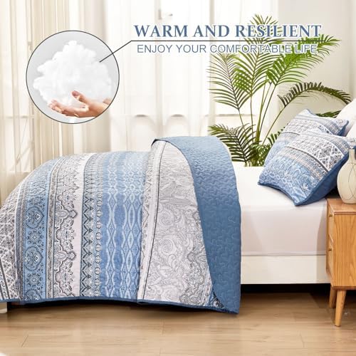 WONGS BEDDING Boho King Quilt Bedding Set, 3 Pieces Bedspread, Light Blue