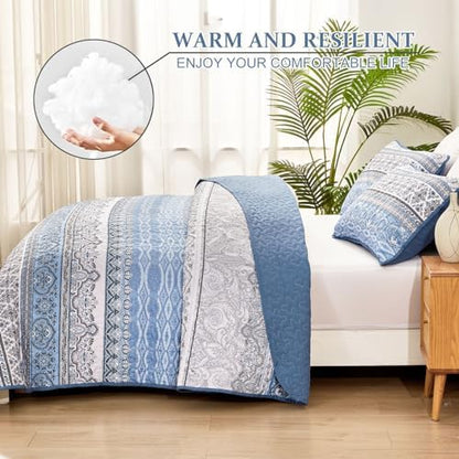WONGS BEDDING Boho King Quilt Bedding Set, 3 Pieces Bedspread, Light Blue