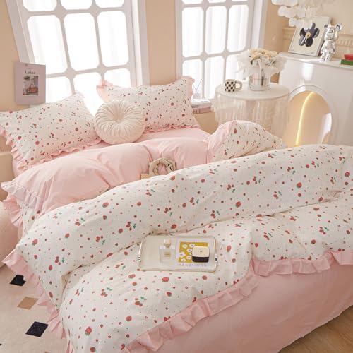 LifeTB Ruffle Pink Strawberry Duvet Cover King 100% Cotton Floral Lace Duvet Cover Cute Floral Bedding Set Kawaii Strawberry Ruffle Comforter Cover Romantic Princess Bedding Cover with 2 Pillowcases