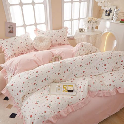 LifeTB Ruffle Pink Strawberry Duvet Cover King 100% Cotton Floral Lace Duvet Cover Cute Floral Bedding Set Kawaii Strawberry Ruffle Comforter Cover Romantic Princess Bedding Cover with 2 Pillowcases