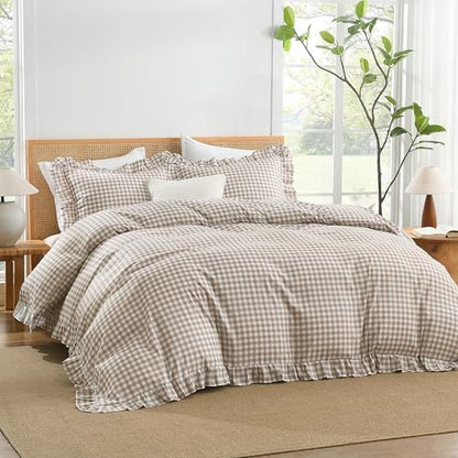 Andency Tan Gingham Duvet Cover Full, Ruffle Shabby Chic Bedding Set 3 Pcs