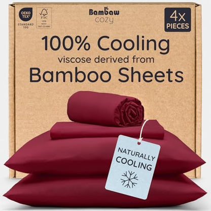 Bambaw Twin Sheets Set – 4-Piece Set of 100% Viscose Derived from Bamboo Sheets Twin Size, Cooling & Silky Soft, Breathable, Deep Pocket Fit, Stays Secure with Elastic Straps (Burgundy)