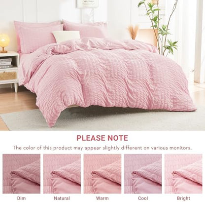HYMOKEGE Pink Full Size Comforter Sets Seersucker 7 Pieces, All Season Luxury Bed in a Bag for Bedroom, Bedding Set with Comforters, Sheets, Pillowcases & Shams