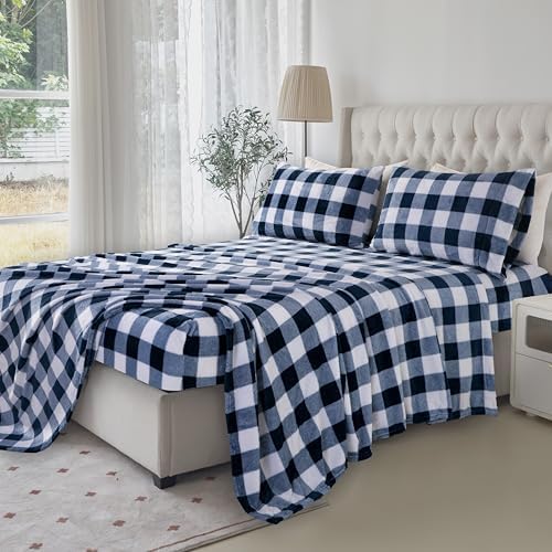 Elegant Comfort Luxuriously Soft 4-Piece Velvet Plush Flannel Sheet Set - Premium Quality -Cozy Warm, Anti-Static, Non Pilling Fuzzy Velvet Flannel Fleece Deep Pocket Sheet Set- Queen, Buffalo Navy