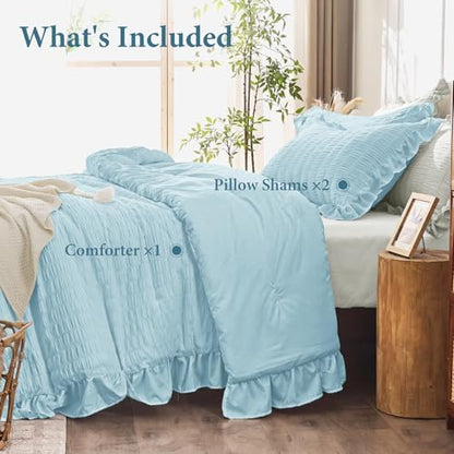 JOLLYVOGUE Blue Comforter Full Size, 3 Pieces Seersucker Lightweight Full Size Bedding, All Season Fluffy Microfiber Bedding Comforter Set with 1 Ruffle Comforter and 2 Ruffle Pillowshams