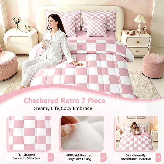 Feelyou Checkered 7 Piece Bedding Set Teen Women Men Pink Plaid Comforter Set with Sheets Twin Size Kids Boys Cute Retro Neutral Checkerboard Geometric Bed in a Bag Vintage Aesthetic Room Decor