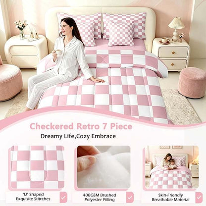 Feelyou Checkered 7 Piece Bedding Set Teen Women Men Pink Plaid Comforter Set with Sheets Full Size Kids Boys Cute Retro Neutral Checkerboard Geometric Bed in a Bag Vintage Aesthetic Room Decor