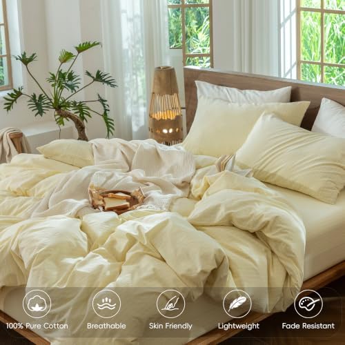 MooMee Striped Duvet Cover Set 100% Washed Cotton Linen Like King