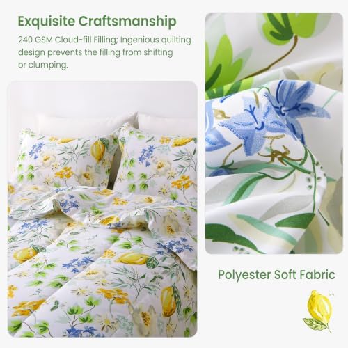 Mooreeke Floral Full Size Comforter Sets, Lemon Blossoms Patterned Bed in a Bag for All Seasons, 3-Piece Farmhouse Rustic Bedding Set with Fluffy Quilted Reversible Comforter & 2 Pillow Shams