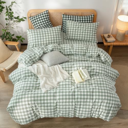 BESTOUCH Gingham Cotton Duvet Cover Set Sage Green King