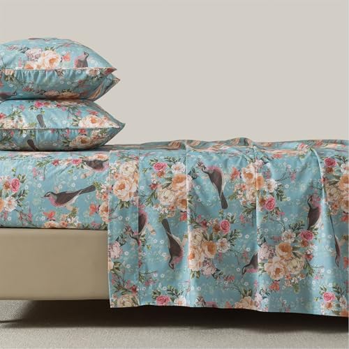 FADFAY 100% Cotton King Size Sheet Set, Floral Bird Bed Sheets 4Pcs, Green