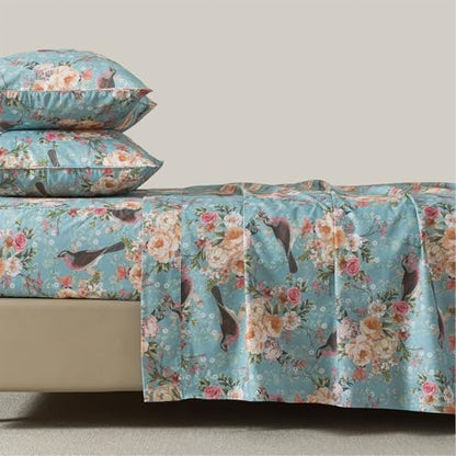 FADFAY 100% Cotton Queen Sheets Set, Vintage Floral Bird Print, Mint Green