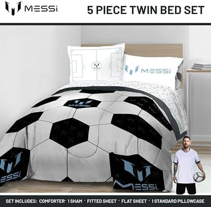 Messi Twin Comforter Set 5 Piece Kids Sports Bedding for Boys, White