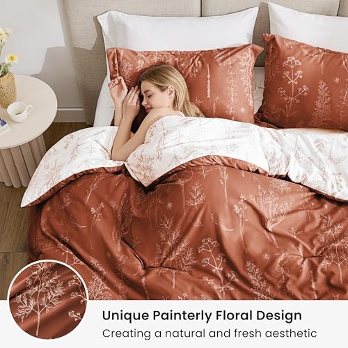 Love's cabin Terracotta Comforter Set King - King Size Comforter Set, 3 Pieces Cute Floral Bedding Sets for All Seasons,1 Soft Reversible Botanical Flowers Comforter and 2 Pillow Shams