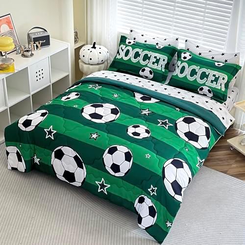 7 Piece Boys Soccer Comforter Set Full Size Bed in A Bag 3D Football Playground Sports Bedding Set for Kids Microfiber Comforter All Season Green