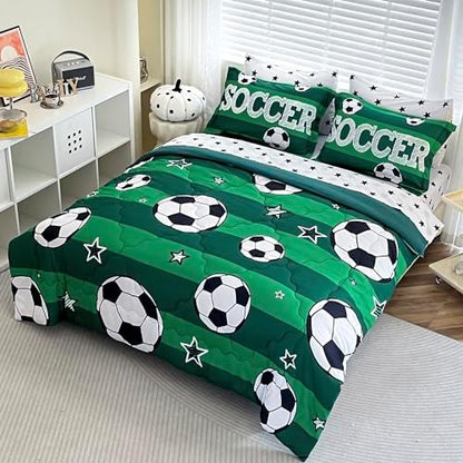 7 Piece Boys Soccer Comforter Set Queen Size Bed in A Bag 3D Football Playground Sports Bedding Set for Kids Microfiber Comforter All Season Green