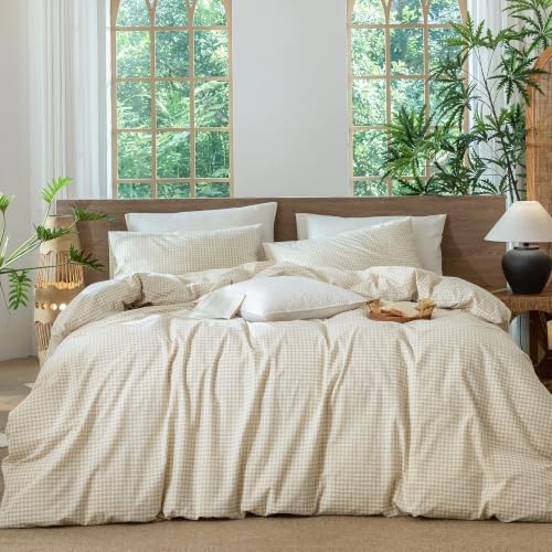 MooMee Gingham Duvet Cover Set 100% Washed Cotton Linen Like