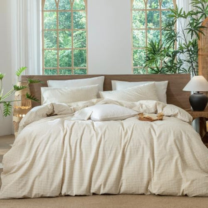 MooMee Gingham Duvet Cover Set 100% Washed Cotton Linen Like