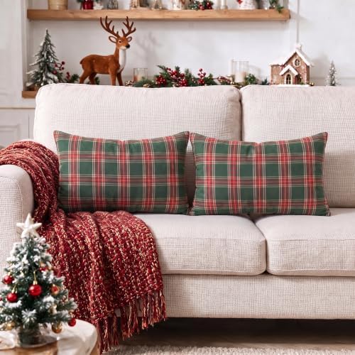 AVOIN colorlife Christmas Green Red Plaid Decorative Throw Pillow Covers, 12 x 20 Inch Holiday Scottish Tartan Cushion Case Farmhouse Decoration for Sofa Couch Set of 2
