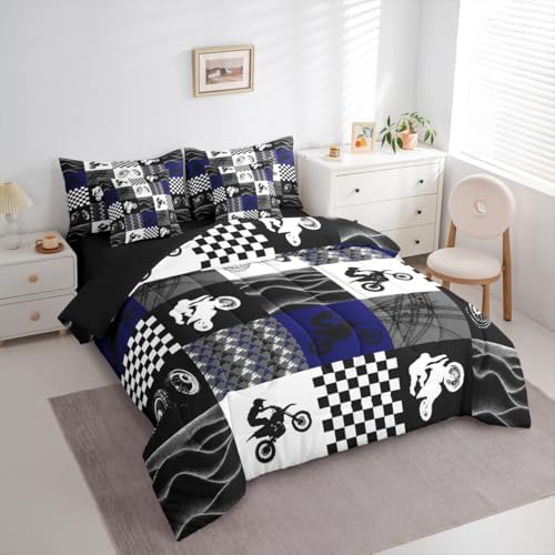 Erosebridal Dirt Bike Queen Comforter Set 7 Pieces, Motocross Rider Bed in A Bag, Motorcycle Grunge Bedding Set with Comforters, Sheets, Pillowcases Motorbike Extreme Sport Game Buffalo Plaid