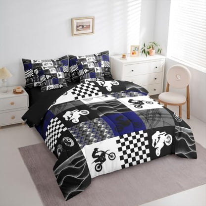 Erosebridal Dirt Bike Queen Comforter Set 7 Pieces, Motocross Rider Bed in A Bag, Motorcycle Grunge Bedding Set with Comforters, Sheets, Pillowcases Motorbike Extreme Sport Game Buffalo Plaid