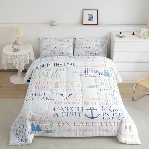 Nautical Anchor Bedding Set Full Size,Lake House Decor Comforter Set 3pcs for Kids Teens Adult Room Decor,Camping Quilt Ocean Rustic Farmhouse Style Duvet Insert with 2 Pillowcases,White Blue