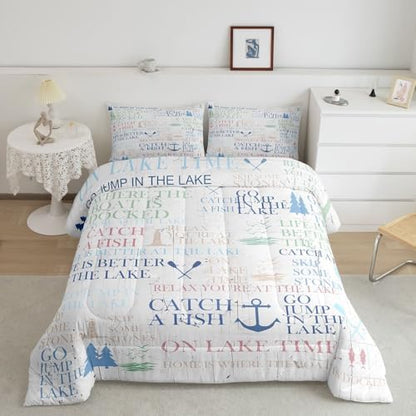 Nautical Anchor Bedding Set Full Size,Lake House Decor Comforter Set 3pcs for Kids Teens Adult Room Decor,Camping Quilt Ocean Rustic Farmhouse Style Duvet Insert with 2 Pillowcases,White Blue