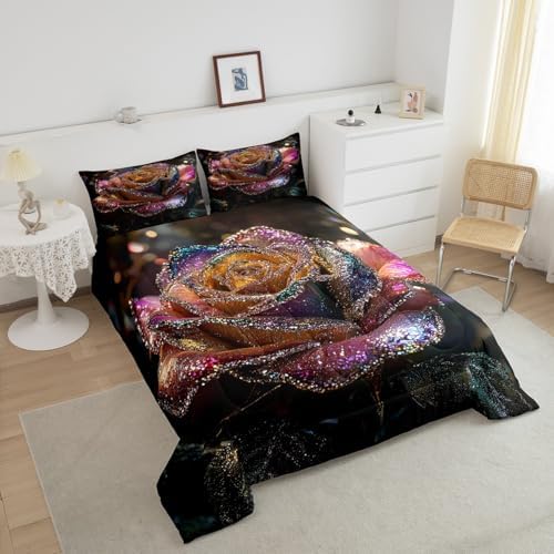 jejeloiu Glitter Rose Comforter Set Queen Size Kids Floral Flower Bedding Set for Boys Girls Teens Garden Flower Duvet Breathable Romantic Quilt Bedroom Decor,1 Comforter with 2 Pillowcase