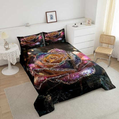 jejeloiu Glitter Rose Comforter Set Toddler Size Kids Floral Flower Bedding Set for Boys Girls Teens Garden Flower Duvet Breathable Romantic Quilt Bedroom Decor,1 Comforter with 1 Pillowcase