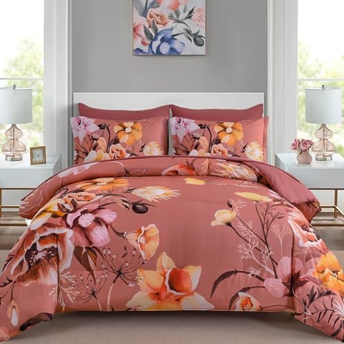 Luxudecor Floral Comforter Set Queen Size 7 Piece, Dusty Flower Bed in a Bag, Elegant Floral Comforter Bed Set with Sheet Set, Soft Microfiber Bedding Set for All Season (90"x90")