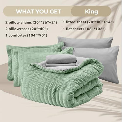 HYMOKEGE Sage Green/Light Grey King Size Comforter Set Seersucker 7 Pieces, All Season Luxury Bed in a Bag for Bedroom, Bedding Set with Comforter, Sheets, Pillowcases & Shams