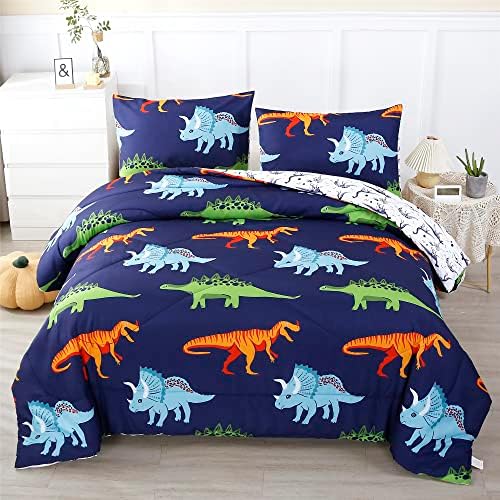 RYNGHIPY 3 Pcs Dark Blue Dinosaur Full Comforter Set for Boys Kids