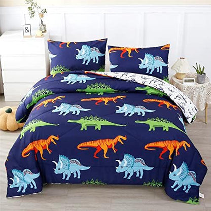 RYNGHIPY 3 Pcs Dark Blue Dinosaur Full Comforter Set for Boys Kids