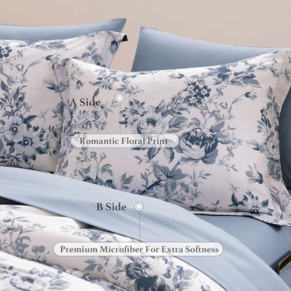 BLOOMHAVEN King Size Comforter Set-7 Pieces Blue Floral Bed in a Bag King