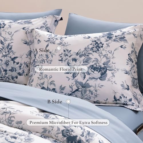 BLOOMHAVEN Full Size Comforter Sets-7 Pieces Blue Floral Bed in a Bag