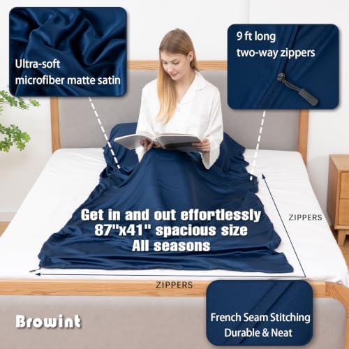 Browint Premium Silky Sleeping Bag Liner with Two-Way Zippers, 87"x41" Extra Wide Adult Sleep Sack for Hotel, Breathable Lightweight Travel Sheet, Multifunctional Bed Sheet for Camping, All Seasons