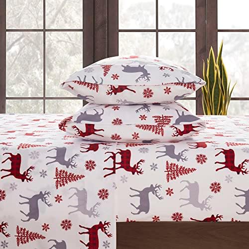 Flannel Sheets Warm and Cozy Deep Pocket Breathable All Season Bedding Set with Fitted, Flat and Pillowcases, Twin, Buffalo Deer
