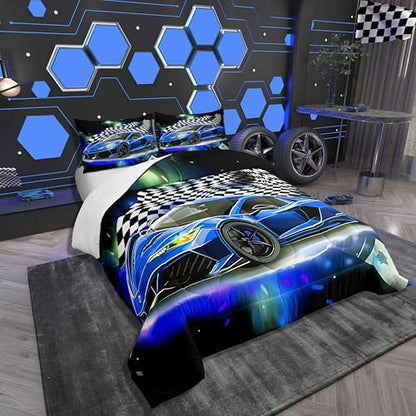 Feelyou Blue Racing Car Comforter Set Toddle Size, Fast and Furious Extreme Sport Games Bedding Sets for Kids Boys Teens,Sports Car Bed in A Bag,Cool Modern Duvet Insert with 1 Pillowcase