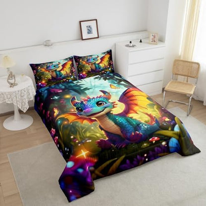 Castle Fairy Cartoon Dragon Bedding Set Twin Size Polka Dot Mushroom Comforter Set for Kids Teens Room Decor Cute Western Dragon Duvet Insert Fantasy Jungle Butterfly Down Comforter Set,2Pcs