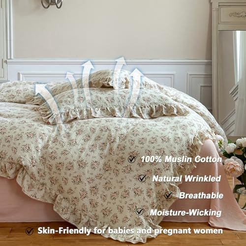 VM VOUGEMARKET Muslin Cotton Duvet Cover Set Queen,Vintage Flower Comforter/Quilt Cover with Romantic Ruffles,Soft, Breathable & Lightweight 90"x90"