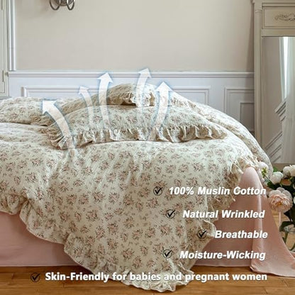 VM VOUGEMARKET Muslin Cotton Duvet Cover Set Queen,Vintage Flower Comforter/Quilt Cover with Romantic Ruffles,Soft, Breathable & Lightweight 90"x90"