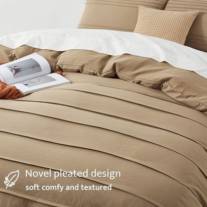Oli Anderson 3PCS Pleated Duvet Cover Set, Khaki, Queen