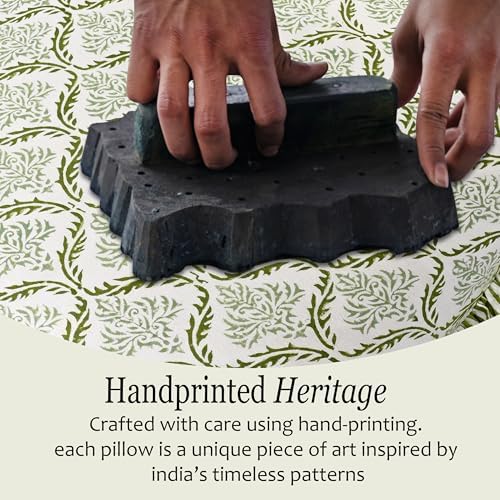 CPC Block Print Fern Regal Ruffle Cotton Lumbar Pillow Cover 12x20 inch